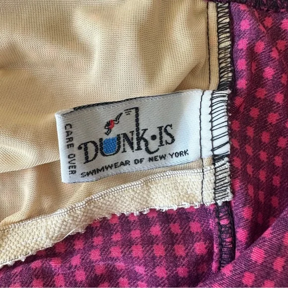 VINTAGE 80s Gingham High Cut Bow One Piece Swimsuit Dunkis of New York Hot Pink - Picture 8 of 14